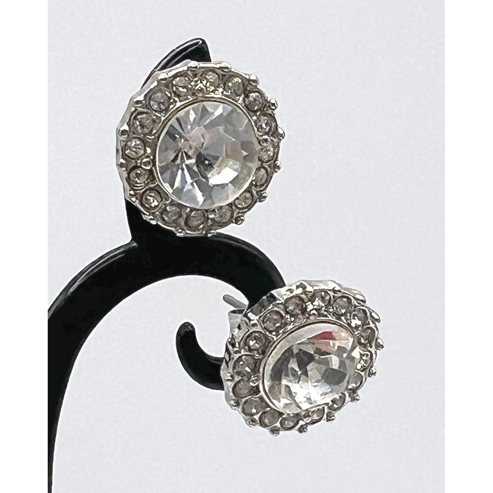 Rhinestone Halo‎ Stud Earrings Silver Tone Sparkly Round 0.75"